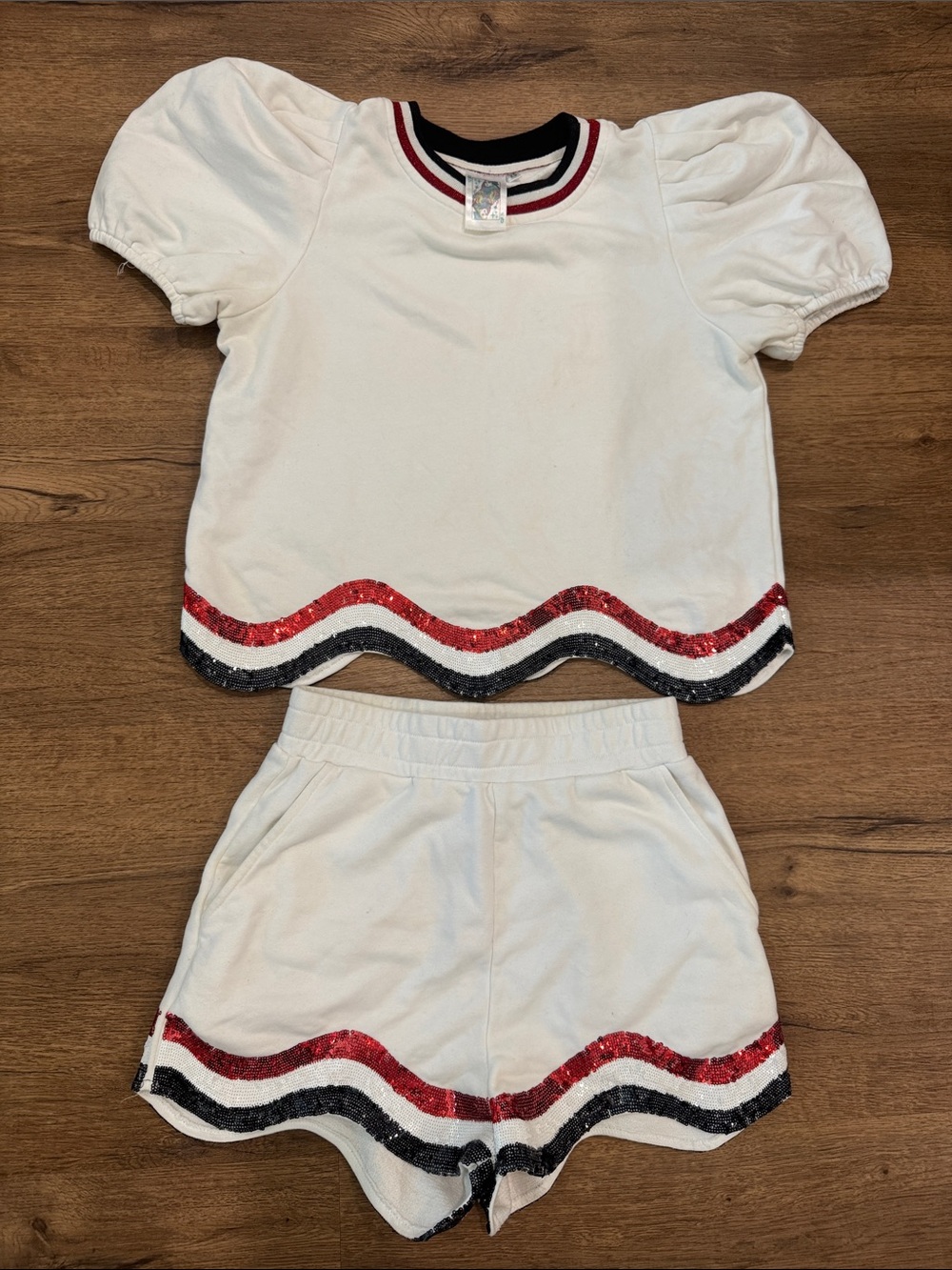 QUEEN OF SPARKLES White Top & Shorts Set with Red and Black Sequin Trim
